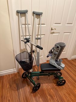Knee scooter, walking boot, and crutches