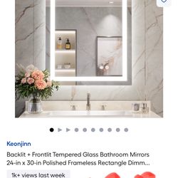 Keonjinn Backlit + Frontlit Tempered Glass Bathroom Mirrors 24-in x 30-in Polished Frameless Rectangle Dimm..