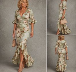 Green floral maxi dress with ruffle sleeves and high-low hem #floraldress size large new #maxidress