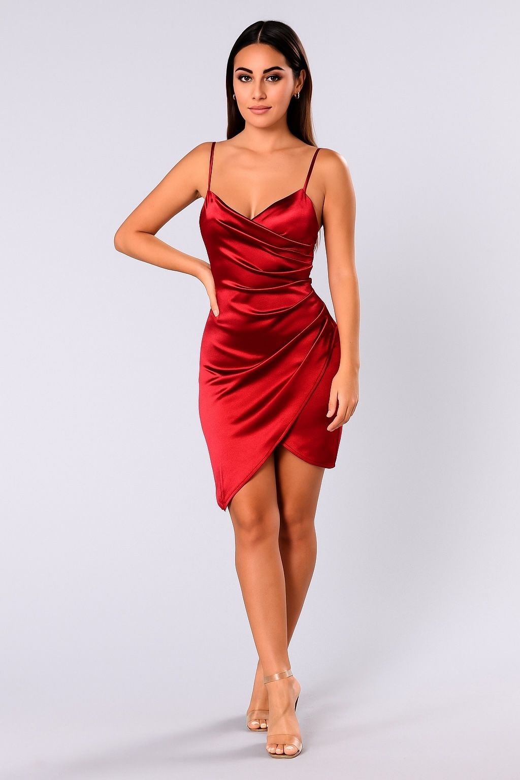 Windsor Deep Red Satin Asymmetrical Wrap Dress – Spaghetti Straps, Short Cocktail Party Dress NWT Size S  New With Tags