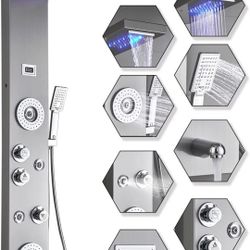ELLO&ALLO Stainless Steel Shower Panel Tower System,LED Rainfall Waterfall Shower Head 6-Function Faucet Rain Massage System with Body Jets, Brushed N