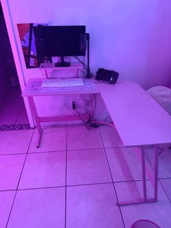 Pink L-Shaped Desk with Monitor Stand – Good Condition