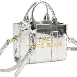 Womens Mini Tote Bag Purse With Shoulder Strap Chrome Silver Reflective PU