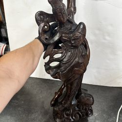 Chinese Antique Carved Wood Guanyin Holding Scepter Solid Wood Guan Yin Kwan Yin
