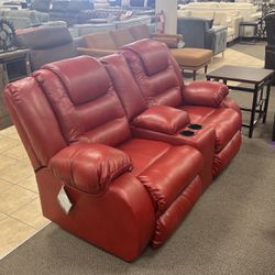 Red Faux Leather Recliner Sofa With Console