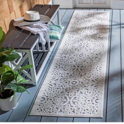 2ft X 9ft Cabana Ivory/Gray 2 ft. x 9 ft. Border Medallion Indoor/Outdoor Patio Runner Rug