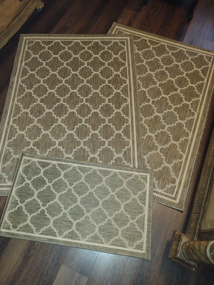 3 Piece Indoor/Outdoor Rugs, 2 Large Are 63" Long &47 " Wide, Small Rug Is 41" Long & 24" Wide