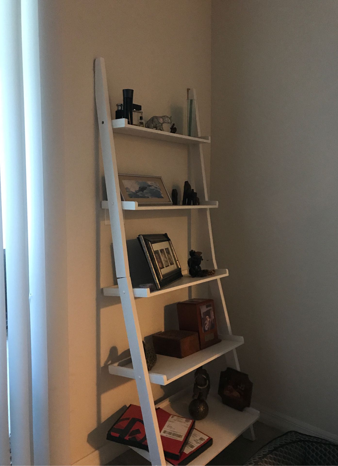 white wood ladder shelf 6feet tall by 2 feet
