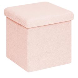 Pink Small Sherpa Storage Ottoman Cube, Boucle Folding Foot Rest for Dorm, Living Room, Bedroom, Pink, 15"x15"x15"