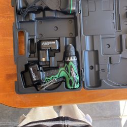 3/8” cordless DRILL/DRIVER, FLASHLIGHT, (2) 12 volt batteries, ABS carrying case, 