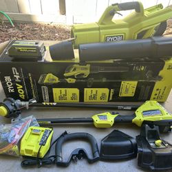 RYOBI 40V HP Brushless 650 CFM 160 MPH Cordless Leaf Blower and Carbon Fiber String Trimmer with 4Ah Battery and Charger 
