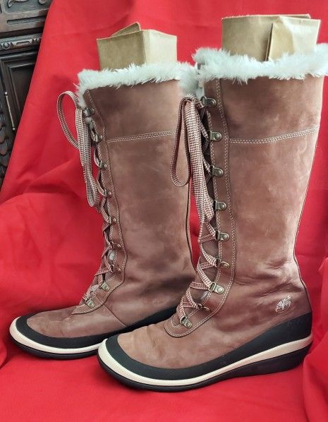 ❄️TIMBERLAND Women’s Suede Faux Fur Lined 14" tall Boots Brown Lace Up Size 10M.❄️