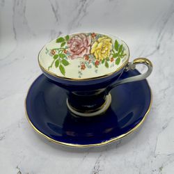 Aynsley Vintage Bone China Teacup Saucer Cobalt Blue Cabbage Roses Corset Shape