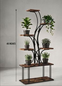Rustic Brown  Plant Stand Indoor with Grow Lights, 8-Tier Plant Shelf with Hanging Hooks, S-Shaped Metal Plant Rack
