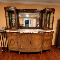 Vintage Formal China Cabinet / Hutch – Burl Wood, Marble Top, Mirrored Back