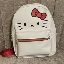 Hello Kitty White Leather Mini Backpack With Hello Kitty Face & Red Bow 
