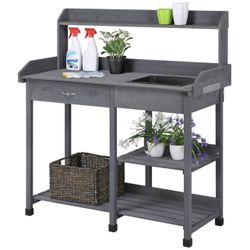 Potting Bench Outdoor Garden Work Bench Station Planting Solid Wood Construction w/Sink Drawer Rack Shelves Natural