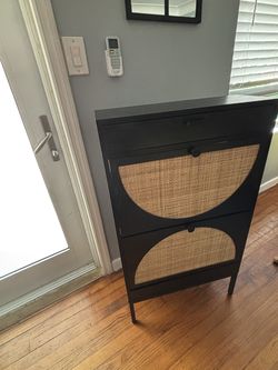 Slim Black Shoe Storage Cabinet – 2 Tilt-Out Drawers