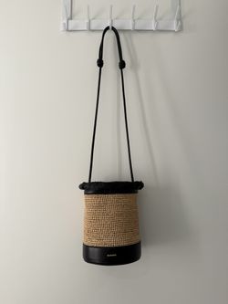 Jil Sander Leather Trimmed Raffia Bucket Bag