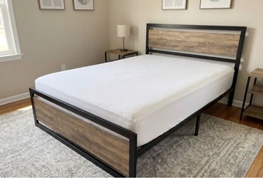 Industrial Metal and Wood Full Platform Bed Frame and mattress