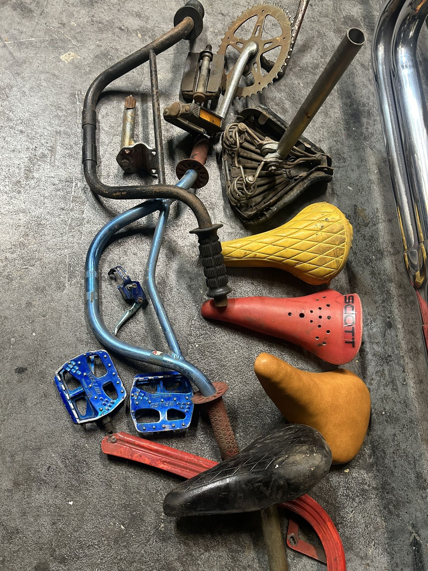 Vintage Bmx Bike Parts Lot Seats Bars Crank