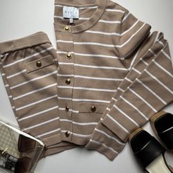 Striped Long Sleeve Top - Tan and White