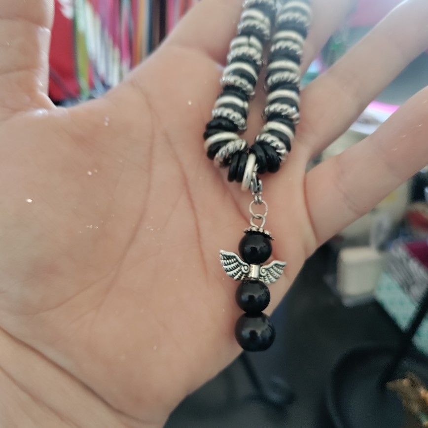 Long Black Silver Angel Necklace And Chain