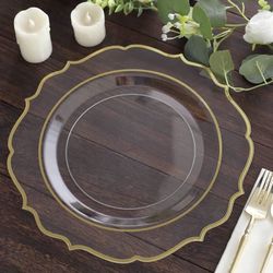 10-Pack Economy Plastic Charger Plates 13" Round Clear with Gold Scalloped Rim