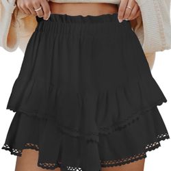 SMALL BLACK Ruffle Skorts for Woman Boho Tiered Flowy Short Skirt High Waist Mini Skirts Casual Outfits