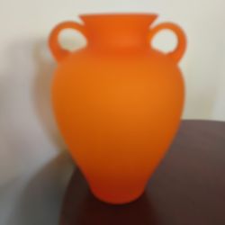 VTG SATIN ORANGE GLASS JUG VASE DOUBLE HANDLES