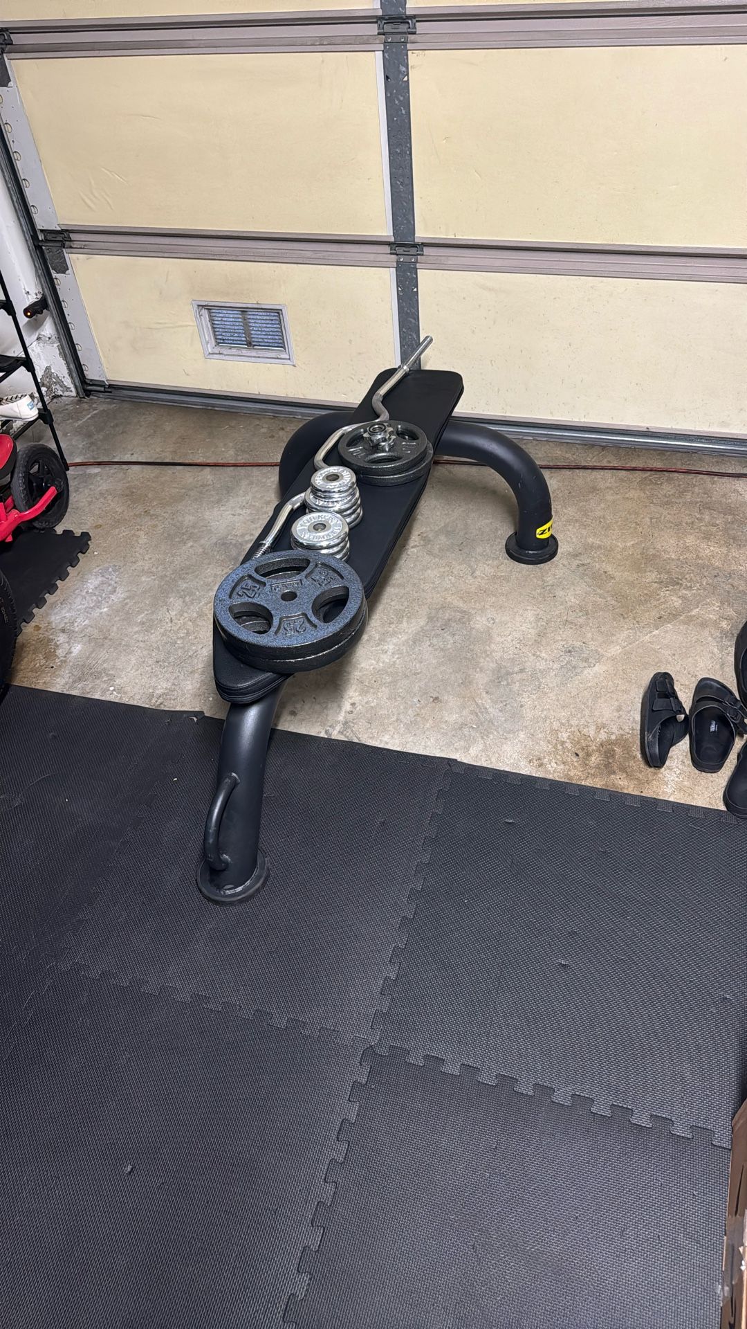 Zire Flat Bench, Curl Bar,  With Weights 