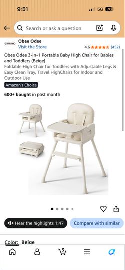 Obee Odee 3-in-1 Portable Baby High Chair for Babies and Toddlers (Beige) Foldable High Chair for