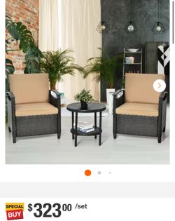 3-Piece Wicker Patio Conversation Set Coffee Table with Beige Cushions