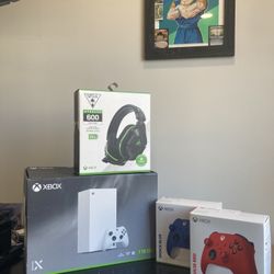 Xbox Series X Blue And Red Controllers And Turtle Beach Head Set 