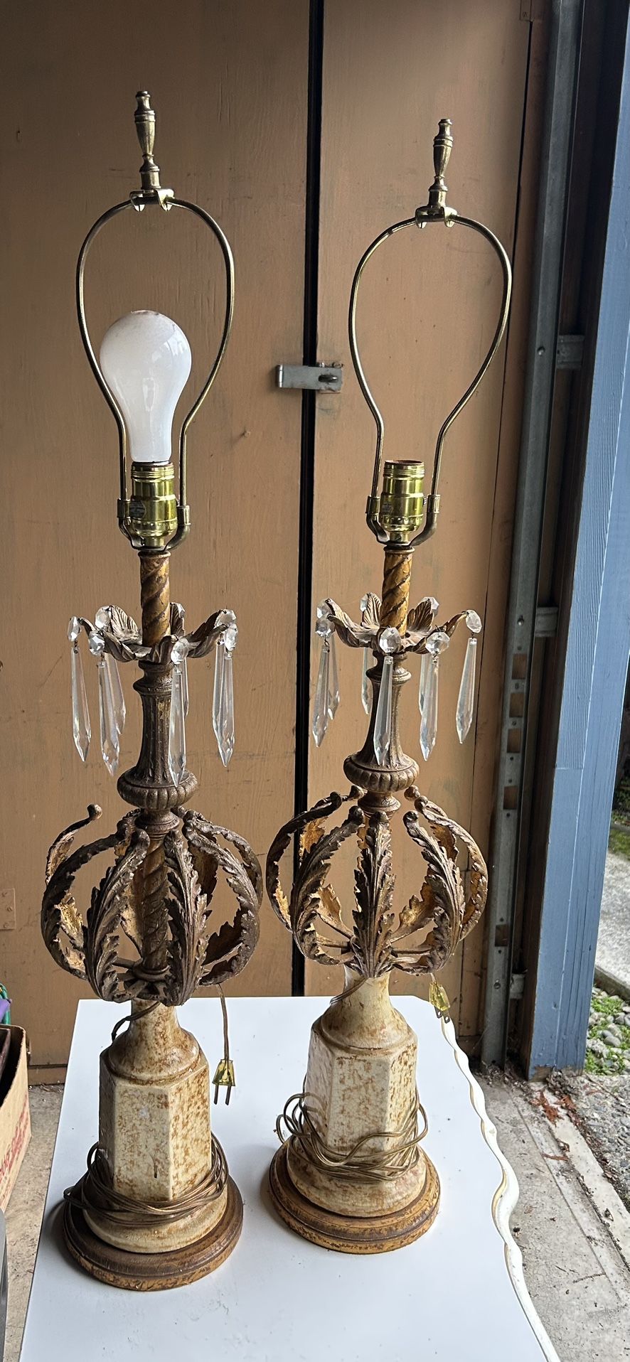 Set Of Vintage Lamps.   Gold Flake, Porcelain Body, Wood Base, Lamp shades Included