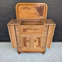Vintage Carved Wood Dry Bar Cabinet