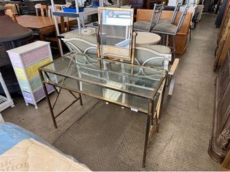 Vanity Table with Mirror, Glass Top Metal Frame