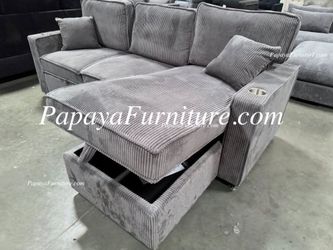 NEW L Shape Sectional Sofa with Storage Chaise Dark Grey Fabric Pullout Sleeper Bed USB Cup Holder Discount Furniture Ashley Style Clearance SALE