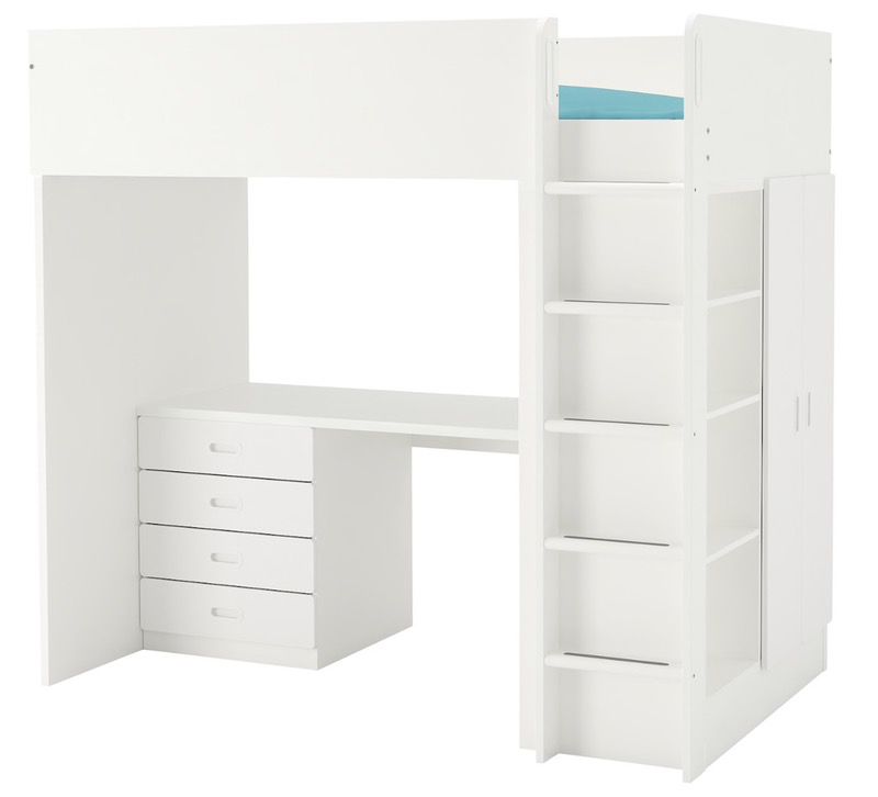 Stuva Loft twin bed with 4 drawers/ 2 blue closet doors