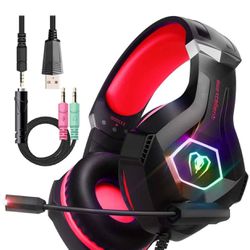 Gaming Headset with Mic for Xbox one PC PS4, Noise Cancelling Over Ear Gaming Headphones, Stereo Bass Surround Sound with LED Light