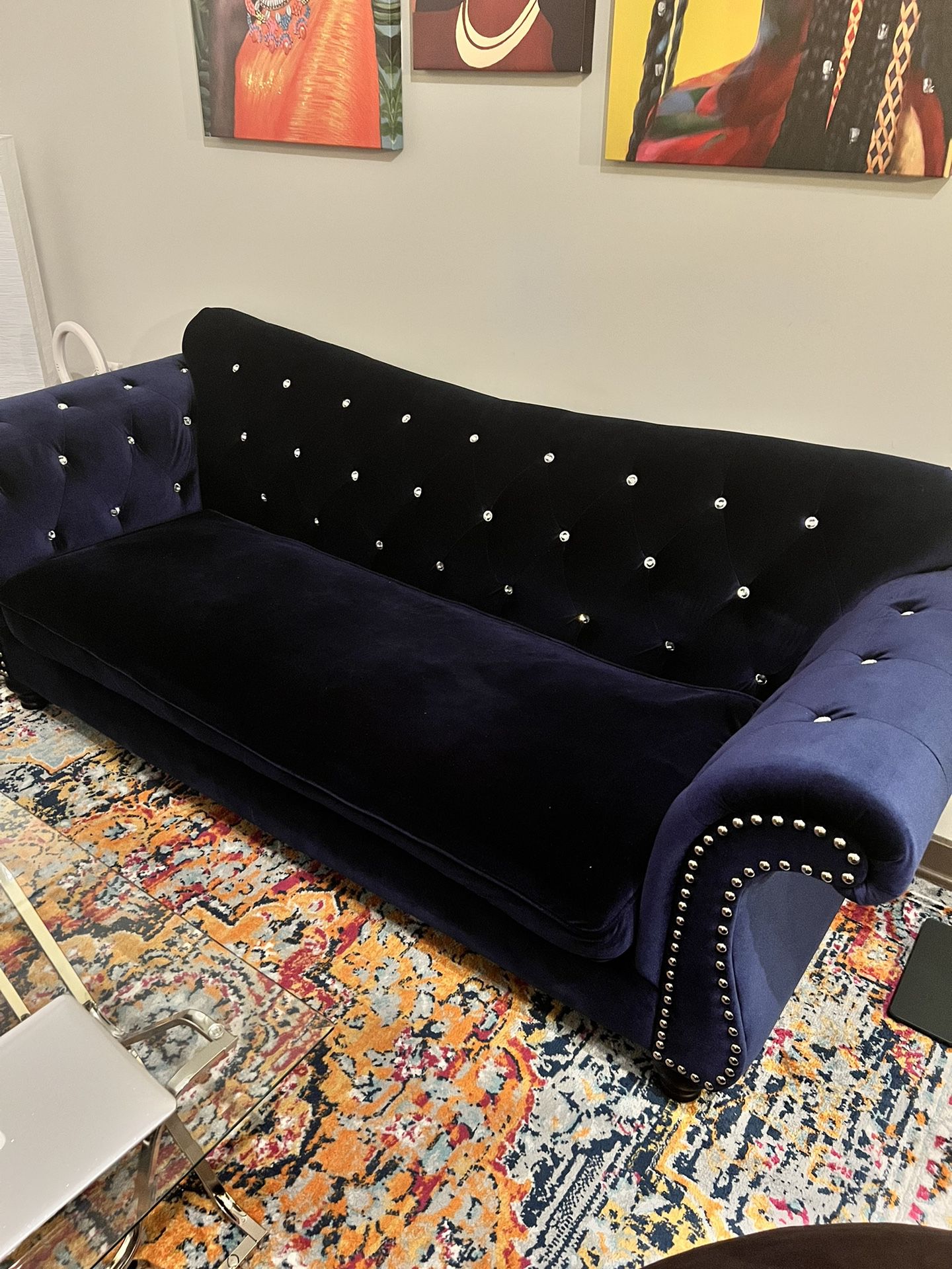 Royal Blue Diamond Velvet Couch 