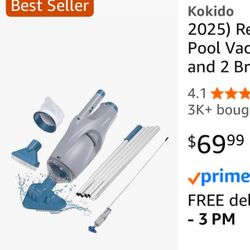 Kokido Rechargeable Handheld Pool Vacuum, Aluminum Pole and 2 Brush Heads, 