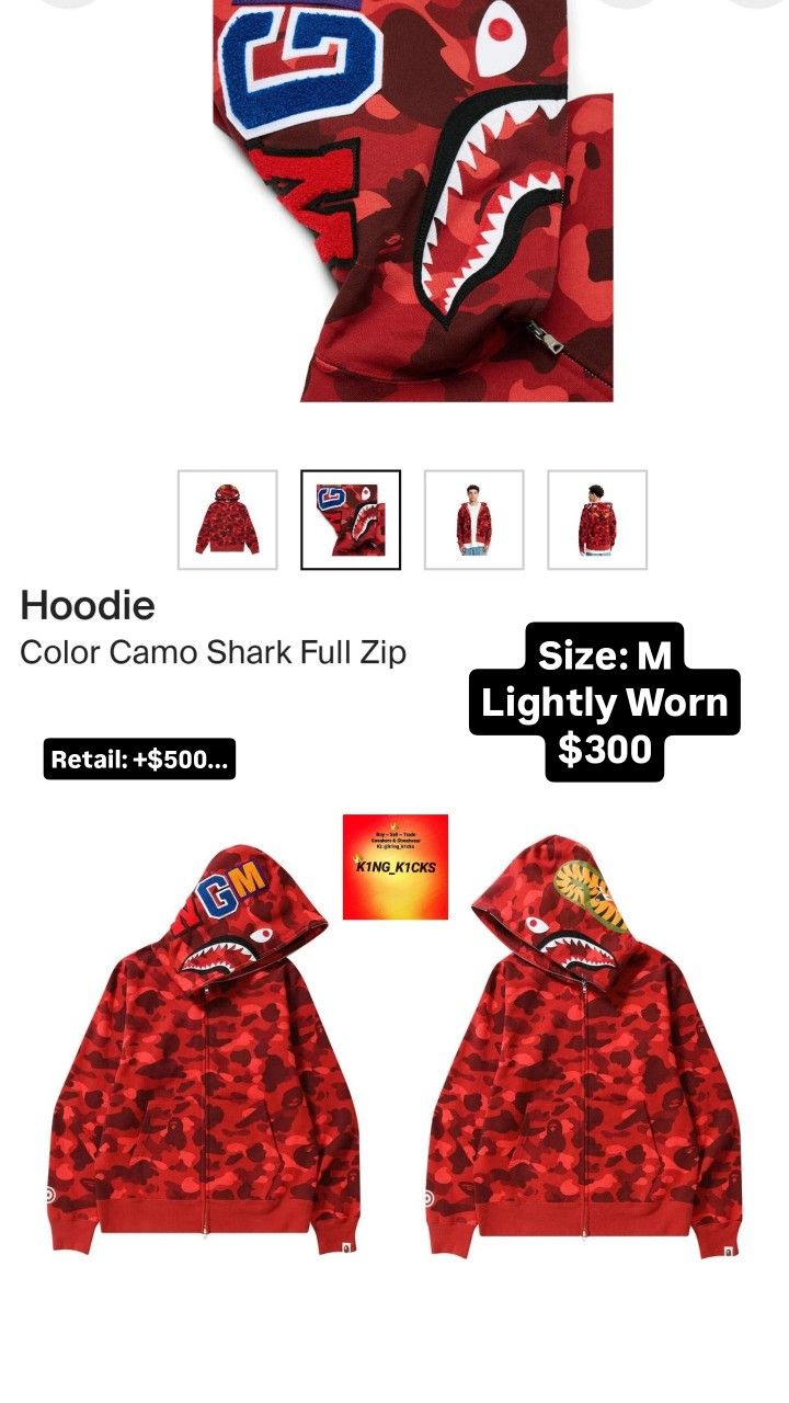 Bape Red Camo Shark Full Zip Up Hoodie Size M (Pick Up)