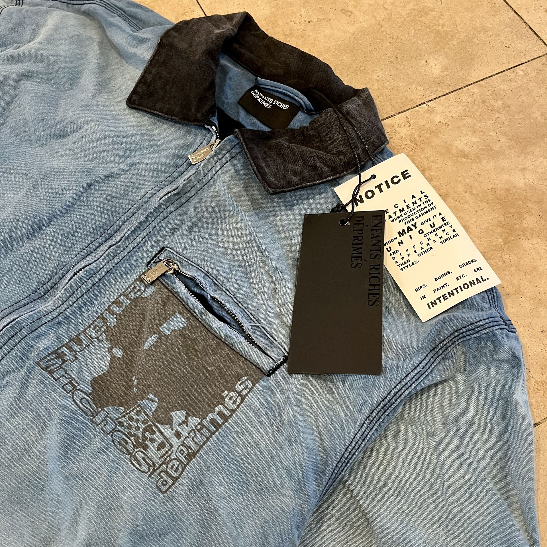 Rare Enfant Riches Déprimés Distressed Denim Workwear Jacket Bible Verse Print