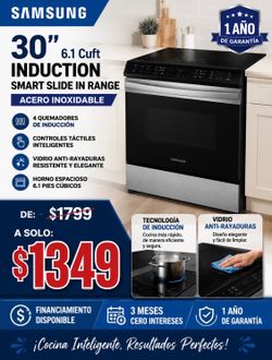 Samsung 30” 4 Burner Element, Smart Slide In- Induction Range In Stainless Steel with Anti- Scratch Glass