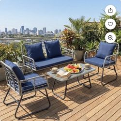 4 Piece Outdoor Patio Wicker Furniture Set,Rattan Conversation Set with Rectangular Tempered Glass Coffee Table & Soft Cushions for Backyard Balco