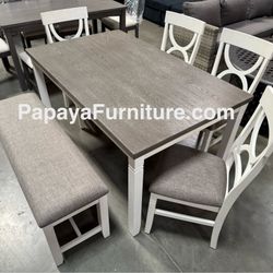 New! 6pcs Dining Set, Wooden Dining Set, Table And Chairs, Dinette Set, Table, Chairs, Bench, White Table, Farmhouse Dining Table, Casual Dining Set D