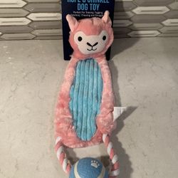 Rope & Crinkle Dog Toy: Pink Llama with Tennis Ball