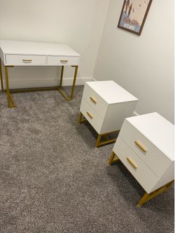 2 white and gold night stands and desk set 90.00