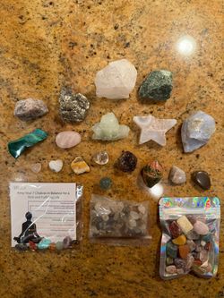 Assorted Crystal Stones including Malachite, Pyrite (Fools Gold), Pink Tourmaline, Clear Quartz, Chakra Stones, Tumbles, Chips, Hearts, Mushroom, and